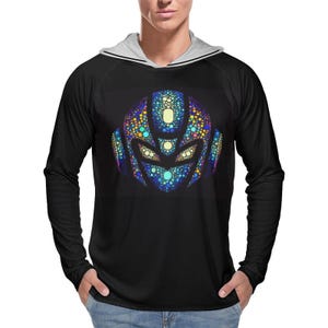 May include: A black long-sleeve shirt with a hooded neckline. The shirt features a colorful, geometric design of a robot head.