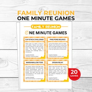 May include: A white sheet with the text "FAMILY REUNION ONE MINUTE GAMES" in yellow and black. The sheet lists 20 games, including Cup Stack Challenge, Ping Pong Bounce, Marshmallow Toss, and Spoon Relay. A red circle with the number 20 is in the bottom right corner.