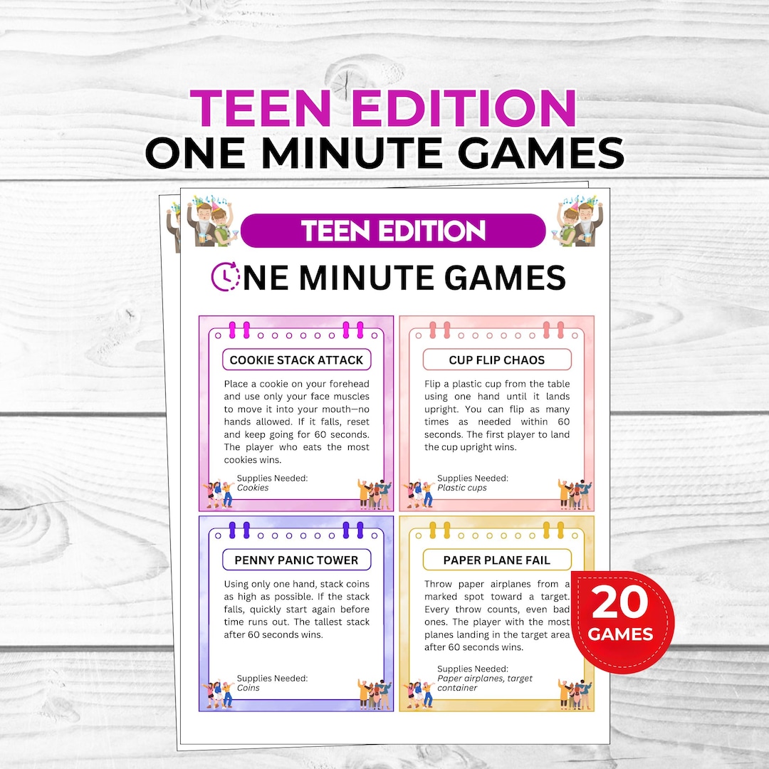 Teen One Minute Games Printable Party Game for Teens, Friends & Youth
