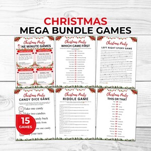 May include: A Christmas Mega Bundle Games collection featuring six printable sheets with festive red and green holly borders. The set includes One Minute Games, Which Came First, Left Right Story Game, Candy Dice Game, Riddle Game, and This or That.