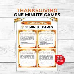 May include: A printable game sheet titled Thanksgiving One Minute Games featuring four activity instructions: Pumpkin Bounce Into The Cup, Thanksgiving Memory Grab, Turkey Tissue Toss, and Thanksgiving Speed Sort. A red circular badge indicates 20 games.