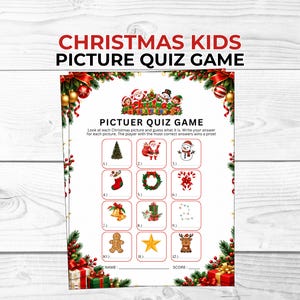 May include: A Christmas kids picture quiz game sheet featuring a festive border of pine branches, red berries, and ornaments. The page includes twelve numbered boxes with holiday illustrations and the text CHRISTMAS KIDS PICTURE QUIZ GAME.