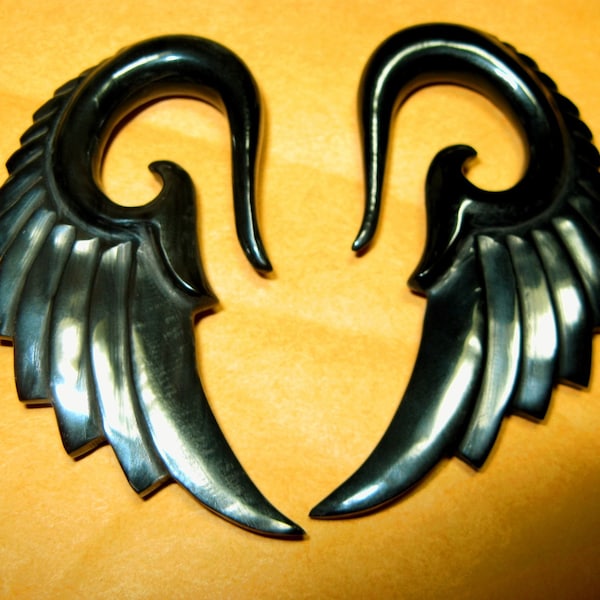 Black Seraphim Wings, pairs, horn, 4g, 2g, 0g, 00g spirals expanders
