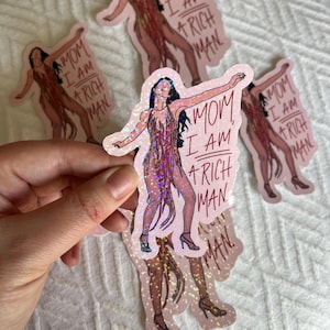 May include: Four glittery stickers featuring a woman in a red sequined dress with the text "Mom, I am a rich man".