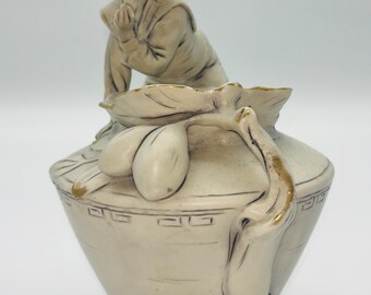 Antique Royal Dux Bohemia Art Nouveau Figural Vase – Olive Boy Cherub – Model 1304