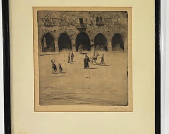 Original 1883 Joseph Pennell Signed Etching - Piazza del Comune, Pistoia - Hand Signed Antique Italian Architecture - Framed & Sealed