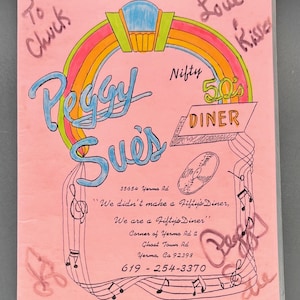 Vintage Peggy Sue’s Diner Menu - HAND SIGNED by Peggy Sue - Route 66 Americana Decor - Authentic 1950s Style Autographed Gift