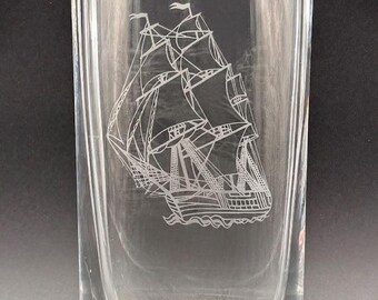 Vintage Etched Glass Vase with Sailing Ship | Nautical Coastal Decor | Mid Century Clear Glass Vase
