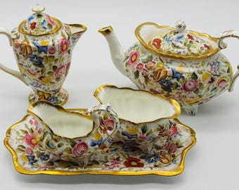 Vintage Hammersley Queen Anne Floral Tea Set, Fine English Bone China, Gold Trim