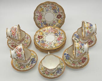 Vintage Hammersley Queen Anne Tea Set, English Bone China, Floral Chintz Gold Trim, 1950s–1970s