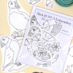 Puffin Embroidery Patterns - Seabird Stick & Stitch Pre-printed Washaway Transfers for Upcycling Clothes and Bags