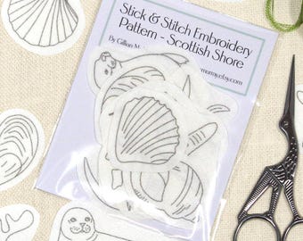 Scottish Shore Stick & Stitch Embroidery Patterns: Hand Drawn Crab, Seal, Otter, Shells (15 designs)