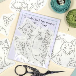 Fox Embroidery Patterns - Printed on Self Adhesive Water Soluble Stabilizer, Sewing Transfers Including Ivy Leaves and Flowers