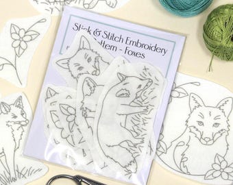 Fox Embroidery Patterns - Printed on Self Adhesive Water Soluble Stabilizer, Sewing Transfers Including Ivy Leaves and Flowers