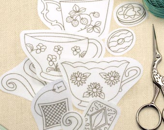 Tea Cup Stick and Stitch Embroidery Pattern - Small Set of 3 Designs
