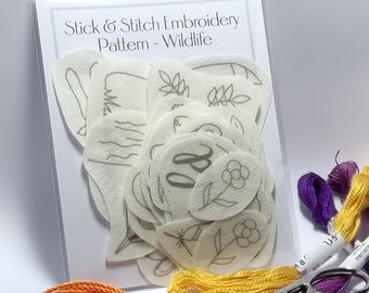 18 Wildlife Stick & Stitch embroidery patterns on self adhesive water soluble stabilizer - badger, fox, hare, butterfly, leaves - 1.5 -4.75"