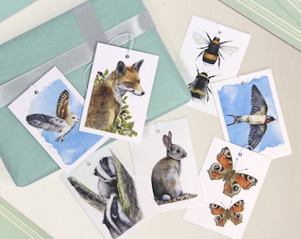 Wildlife gift tags - 2 packs, 12 present labels, hang tags for gifts. Choose birds, mammals, butterflies or insect sets. 7.5x5.3cm sized