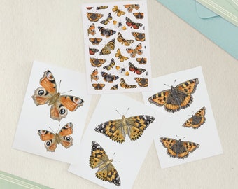 Butterflies mini note cards - pack of 4 A7 size blank notelets, multipack, butterfly greetings card set - 7.4x10.5 cm (2.9x4.1") sized