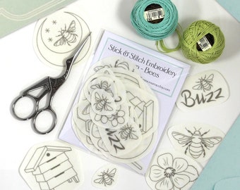 15 Bee Stick & Stitch embroidery patterns on self adhesive water soluble stabilizer - flowers, honeycomb + honey pot - 2-3 inches in size