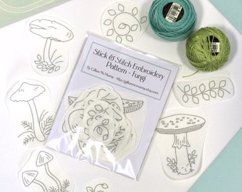 22 Fungi Stick & Stitch embroidery patterns on self adhesive water soluble stabilizer for hand stitching - mushrooms, toadstools + leaves