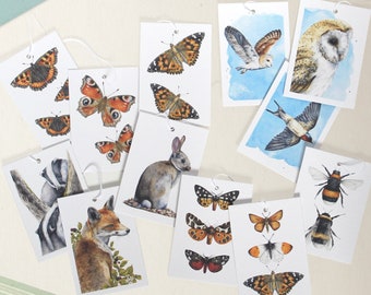 Wildlife gift tag bundle - 12 present labels, 7.5 x 5.3cm (2.95 x 2.08") in size with fox, badger, rabbit, barn owl, butterflies & bees