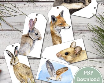Gift Tag printable - British Wildlife - badger, fox, rabbit, hare, owl, mouse, 2x4 inches (5 x 10 cm) for birthday, Easter or winter gifting