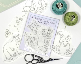 Fox Stick & Stitch embroidery patterns on self adhesive water soluble stabilizer - 18 sewing transfers including ivy leaves and flowers