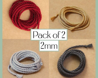 Pack of 2 handmade pure silk cords (2mm wide) – 1 yard/1 metre of each, your choice of Cream, Wine, Black, Blues, Greens, Purples & Neutrals