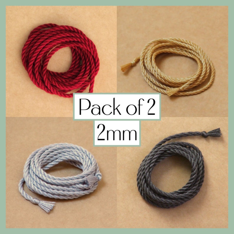 Pack of 2 handmade pure silk cords (2mm wide) in different colours.