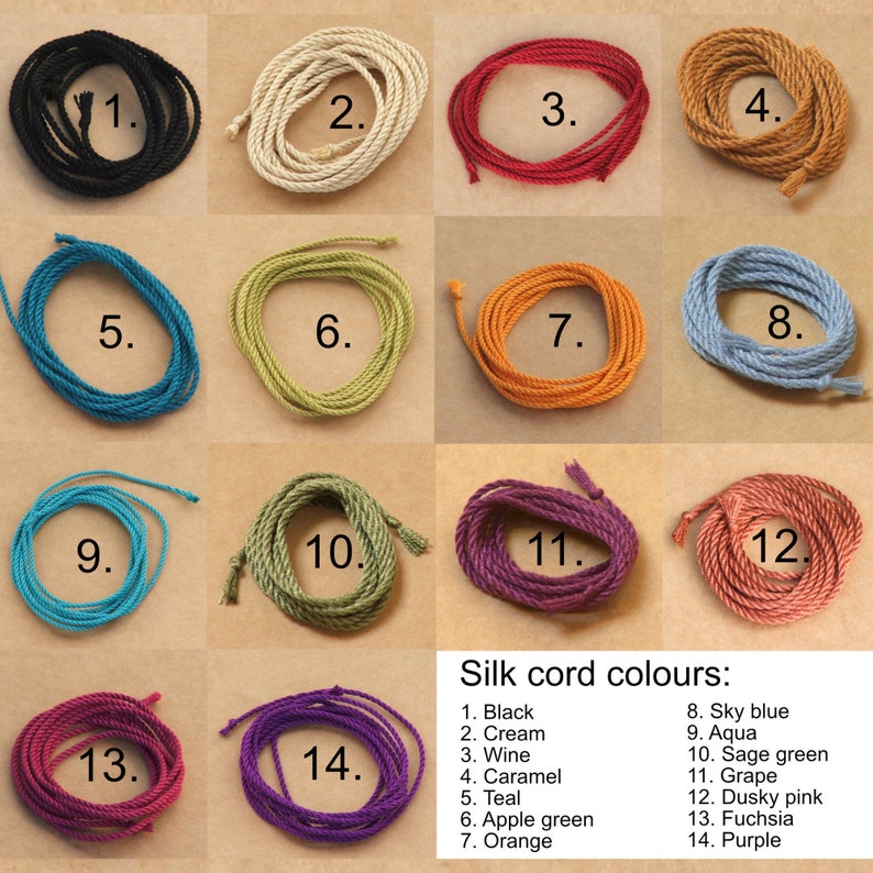 Colour chart for Pack of 2 handmade pure silk cords (2mm wide).