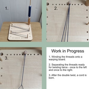 Work in progress shots of the silk cord making process.