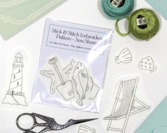 10 Seashore Stick & Stitch embroidery patterns on self adhesive water soluble stabilizer - lighthouse, beach hut, deck chair - 1.25 - 3.75"