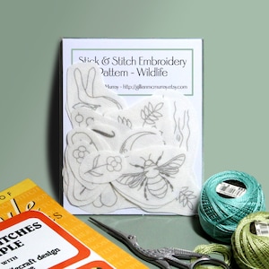 18 Wildlife Stick & Stitch embroidery patterns on self adhesive water soluble stabilizer - badger, fox, hare, butterfly, leaves