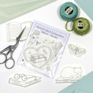 13 Book Stick & Stitch embroidery patterns on self adhesive water soluble stabilizer - books, coffee and cats - 2-3 inches in size