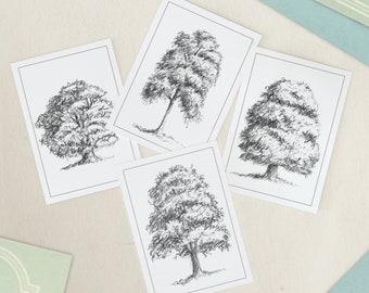 Minimalist Tree Note Card Set - Pack of 4, A7 Blank Notelets, Black & White Design, Greetings Cards, Small Size - 7.4x10.5 cm