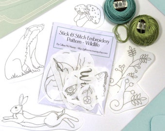 18 Wildlife Stick & Stitch embroidery patterns on self adhesive water soluble stabilizer - badger, fox, hare, butterfly, leaves - 1.5 -4.75"