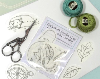 Wild Camping Stick & Stitch Embroidery Pattern Set - 15 designs - Tent, Compass, Camp Fire, Lamp - Self Adhesive Stabilizer, DIY Crafts