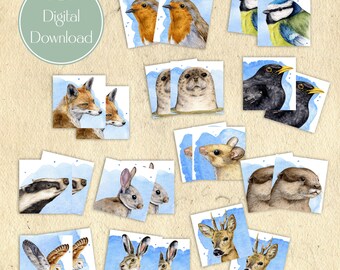 Memory game printable digital download - 12 animals inc. badger, fox, rabbit, hare, owl, robin - 5x5cm (2x2 inch) squares