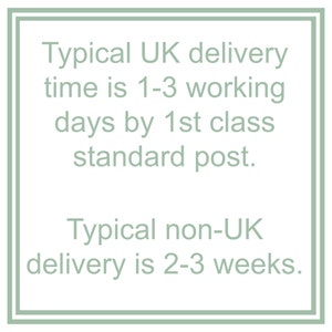 Typical UK delivery time is 1-3 working days by 1st class post. Normal non-UK delivery time is 2-3 weeks.