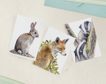 Wildlife greetings cards, pack of 3 A6 size blank notelets, multipack, fox, rabbit & badger card set - 10.5x14.8 cm (4.1x5.8")