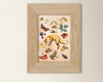 Autumn art print (A5 size) - nature illustration wall decor gift with red fox, berries, seeds, moth, frog and leaves - 5.8x8.3" (14.8x21 cm)