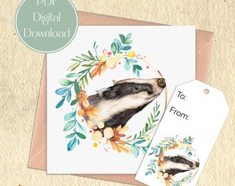 Printable Greeting Card & Tag Bundle - Badger + Wreath - Square Thank You, Hello or Birthday Cards and Gift Labels for Wildlife Lovers