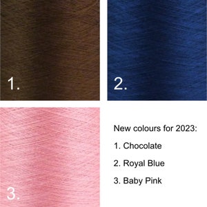 Colour chart for chocolate, royal blue and baby pink pure silk cords.