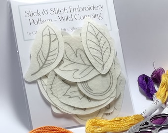 15 Wild Camping Stick & Stitch embroidery patterns on self adhesive water soluble stabilizer - tent, compass, camp fire, lamp - 2.25 - 3.5"
