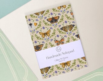 Handmade Butterfly Notepad, 10.5x14.8cm (4.1x5.8") memo pad for writing to do lists, cottagecore stationery gift for nature lovers