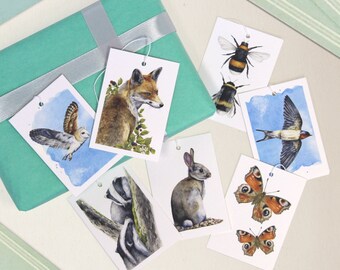 Wildlife gift tags - 2 packs, 12 present labels, 7.5x5.3cm (2.95x2.08") in size. Choose birds, mammals, butterflies or insect sets