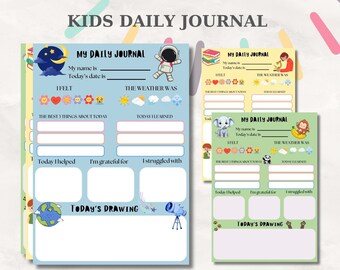 May include: Three printable designs for a kids' daily journal. Each page has space for the date, name, how the child felt, the weather, the best things about the day, what they learned, who they helped, what they are grateful for, what they struggled with, and a space for a drawing. The designs feature an astronaut, an elephant, and a monkey.