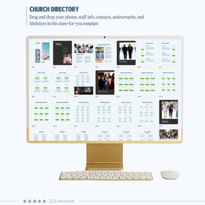 Puede incluir: Un ordenador de sobremesa dorado que muestra una plantilla digital de directorio de iglesia con m&uacute;ltiples dise&ntilde;os de p&aacute;gina, incluyendo cuadr&iacute;culas de fotos, informaci&oacute;n del personal y listas de contactos. La pantalla muestra el texto CHURCH DIRECTORY.