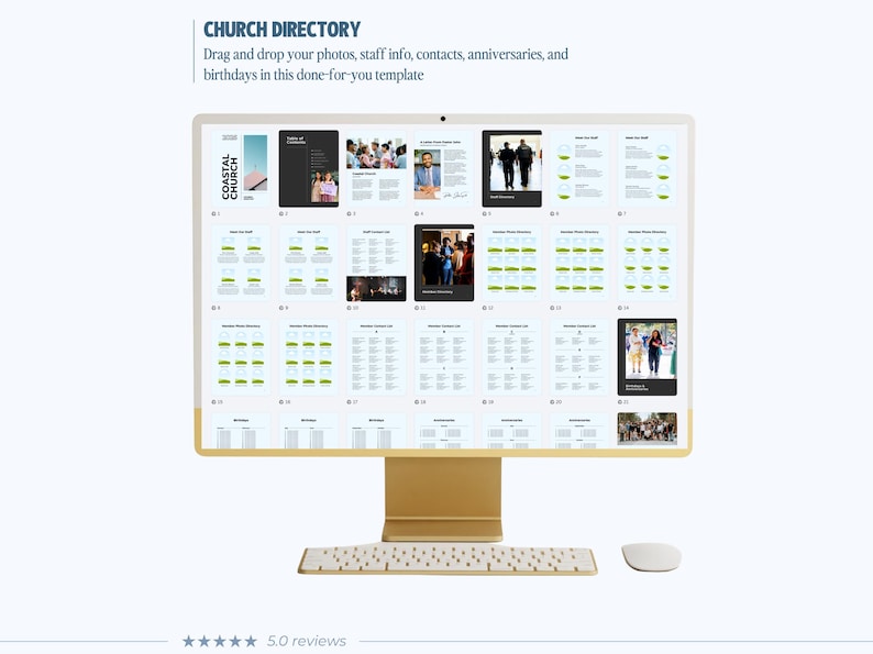 Puede incluir: Un ordenador de sobremesa dorado que muestra una plantilla digital de directorio de iglesia con m&uacute;ltiples dise&ntilde;os de p&aacute;gina, incluyendo cuadr&iacute;culas de fotos, informaci&oacute;n del personal y listas de contactos. La pantalla muestra el texto CHURCH DIRECTORY.