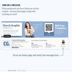 Puede incluir: Una pantalla gr&aacute;fica digital para Church Graphix que muestra un banner azul con un c&oacute;digo QR, el texto 100 Free Templates y una secci&oacute;n de perfil de tienda con el nombre, estado de Star Seller, 1.029 ventas y un bot&oacute;n de contacto.